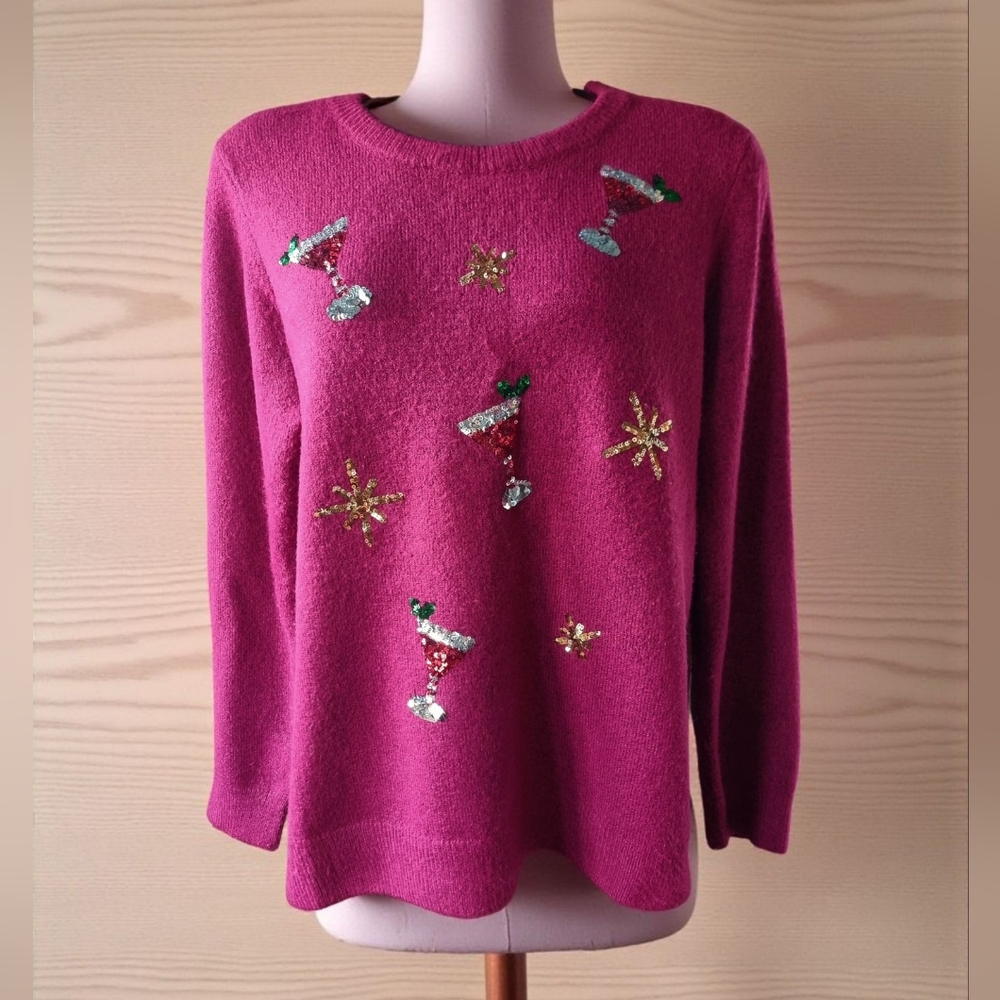 Women's Rasberry Holiday Cheer Sequin Martini Ugly Christmas Sweater Size L